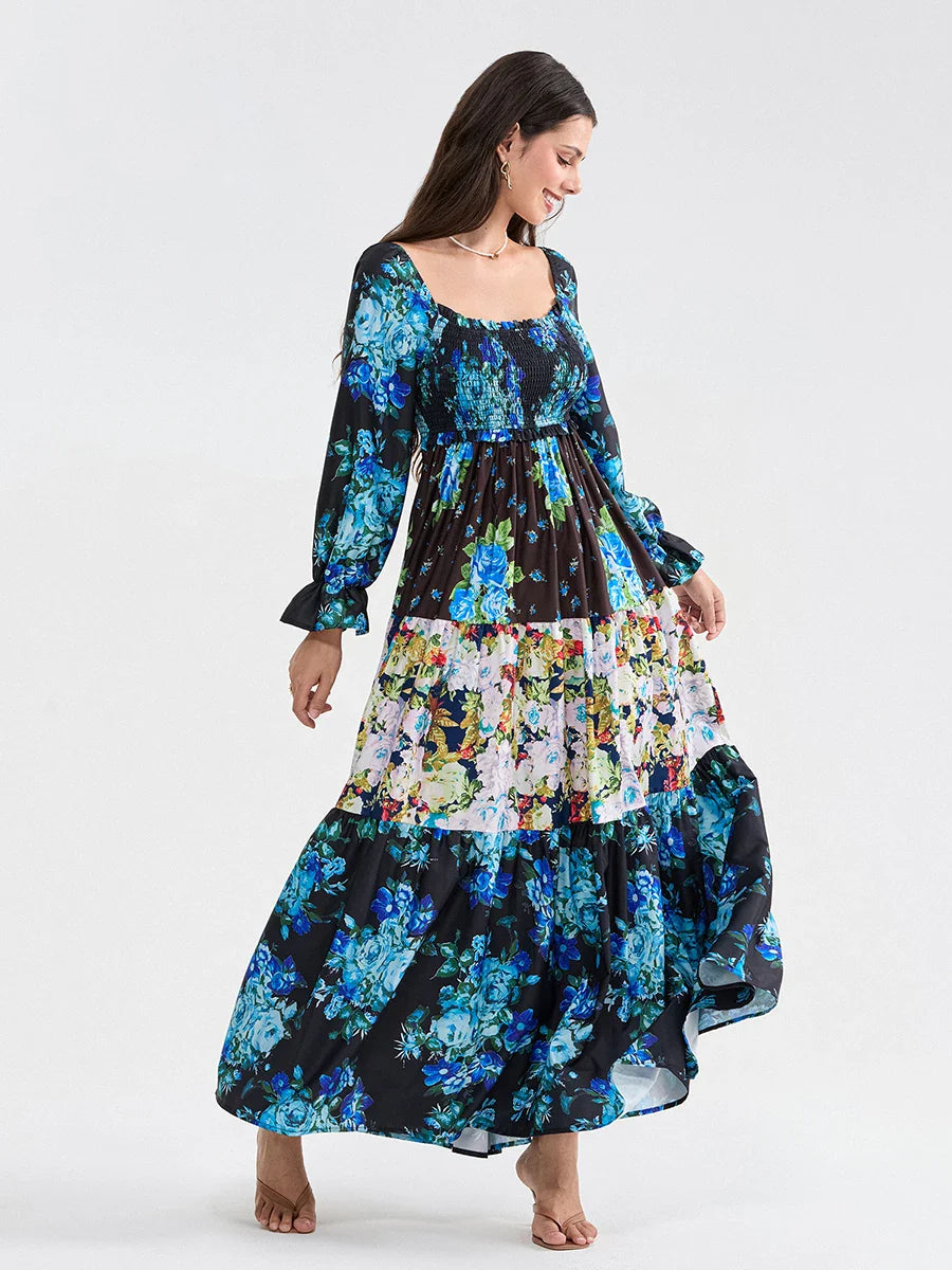 Patchwork Floral Bohemian Off-Shoulder Puff Sleeve Ruffled Vacation Beach Dress