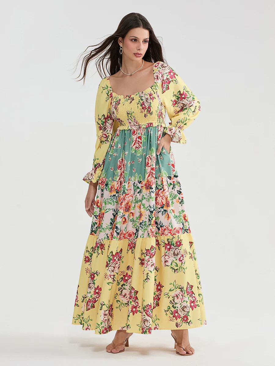 Patchwork Floral Bohemian Off-Shoulder Puff Sleeve Ruffled Vacation Beach Dress