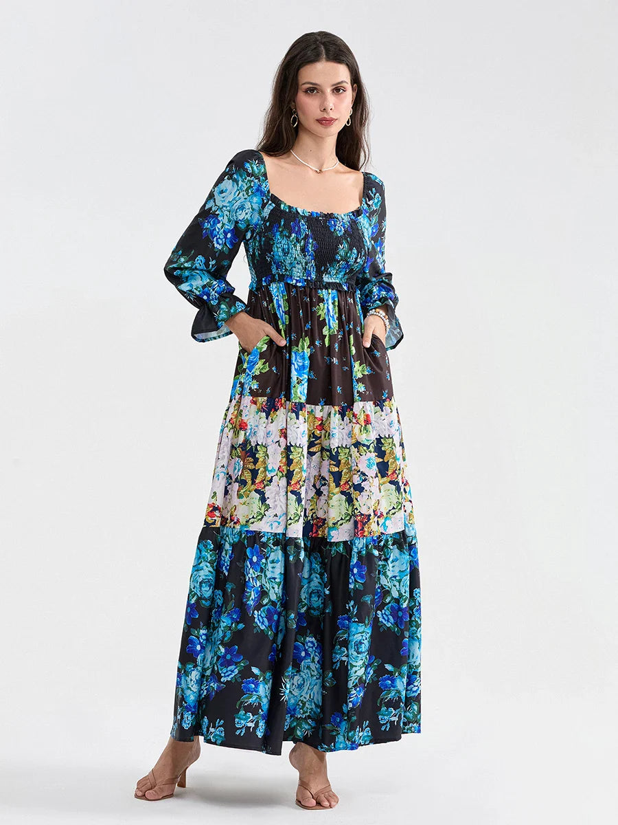 Patchwork Floral Bohemian Off-Shoulder Puff Sleeve Ruffled Vacation Beach Dress