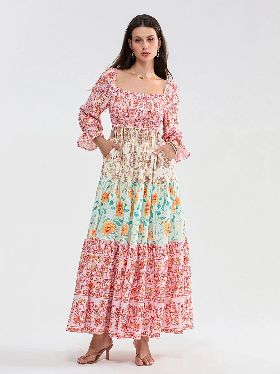 Patchwork Floral Bohemian Off-Shoulder Puff Sleeve Ruffled Vacation Beach Dress