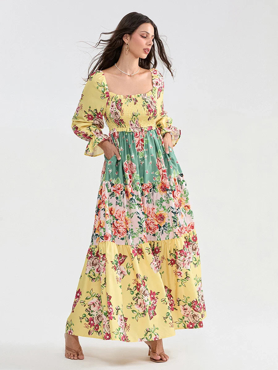 Patchwork Floral Bohemian Off-Shoulder Puff Sleeve Ruffled Vacation Beach Dress