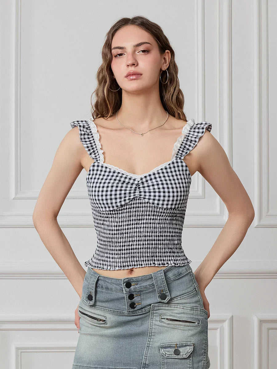 Plaid Ruffle Strap Sweetheart Lace Trim Cropped Tank Top