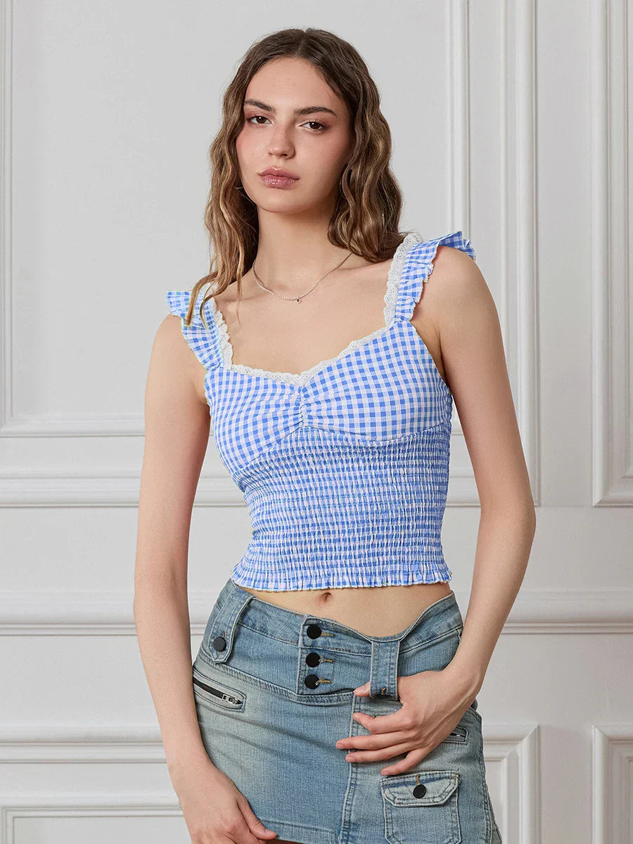 Plaid Ruffle Strap Sweetheart Lace Trim Cropped Tank Top