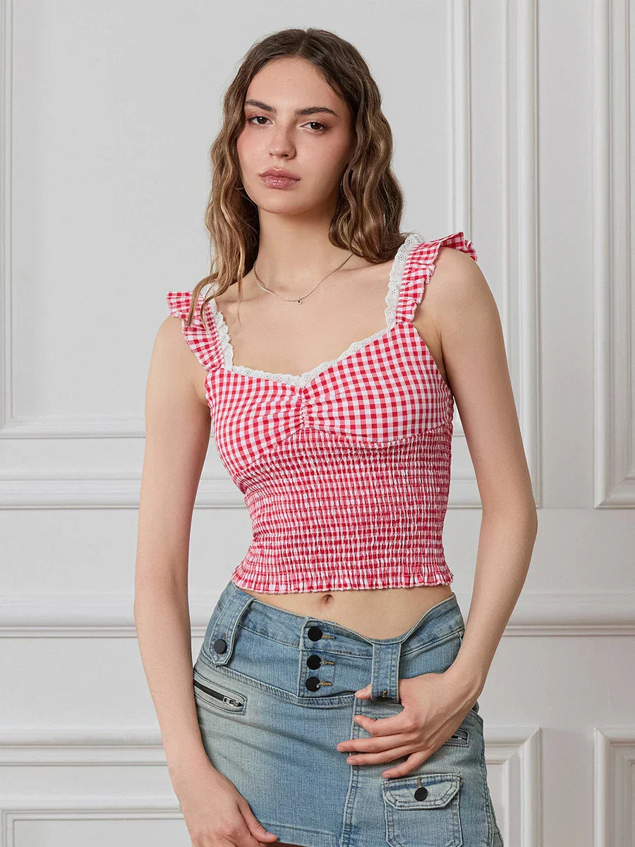 Plaid Ruffle Strap Sweetheart Lace Trim Cropped Tank Top