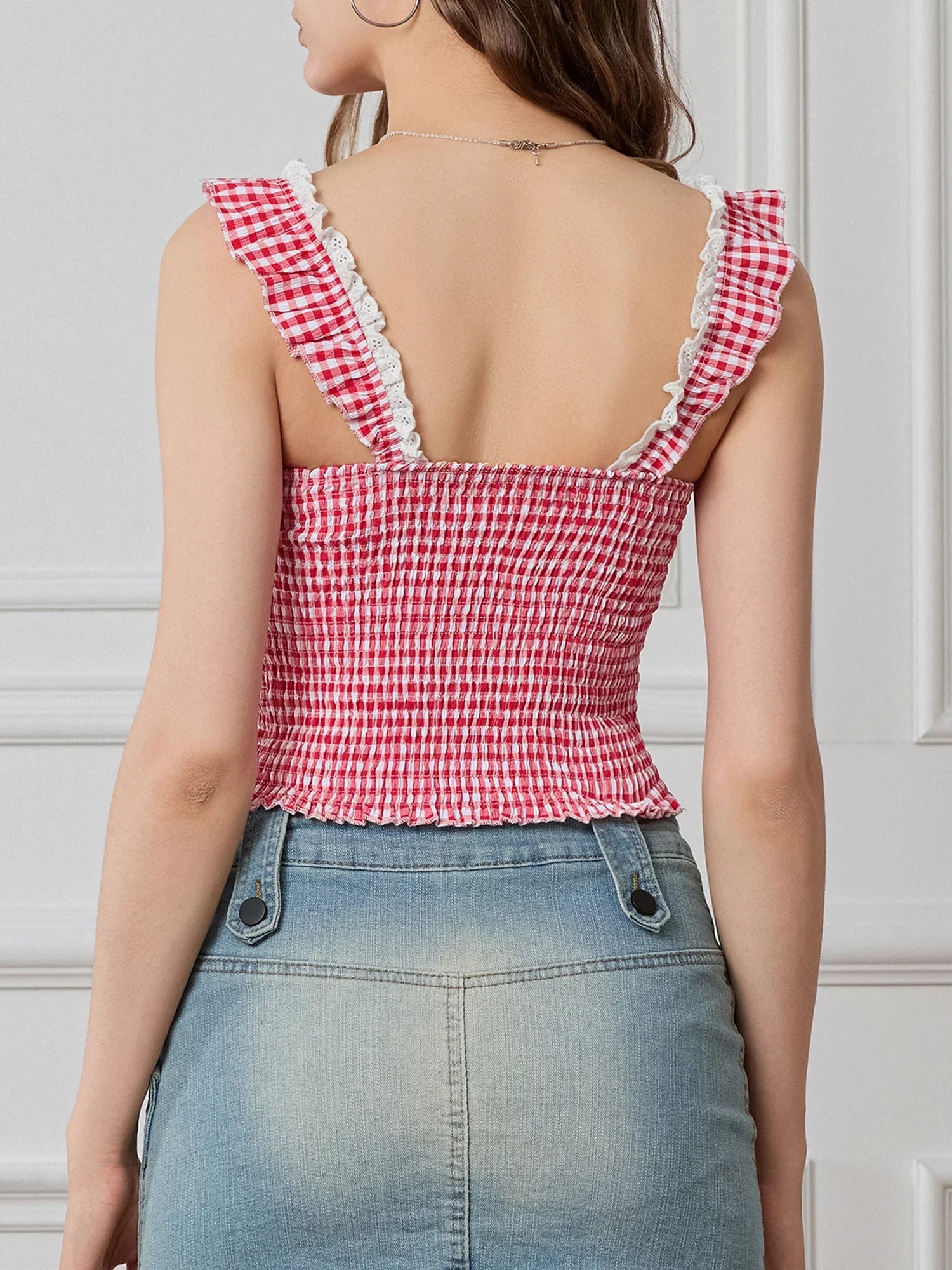 Plaid Ruffle Strap Sweetheart Lace Trim Cropped Tank Top