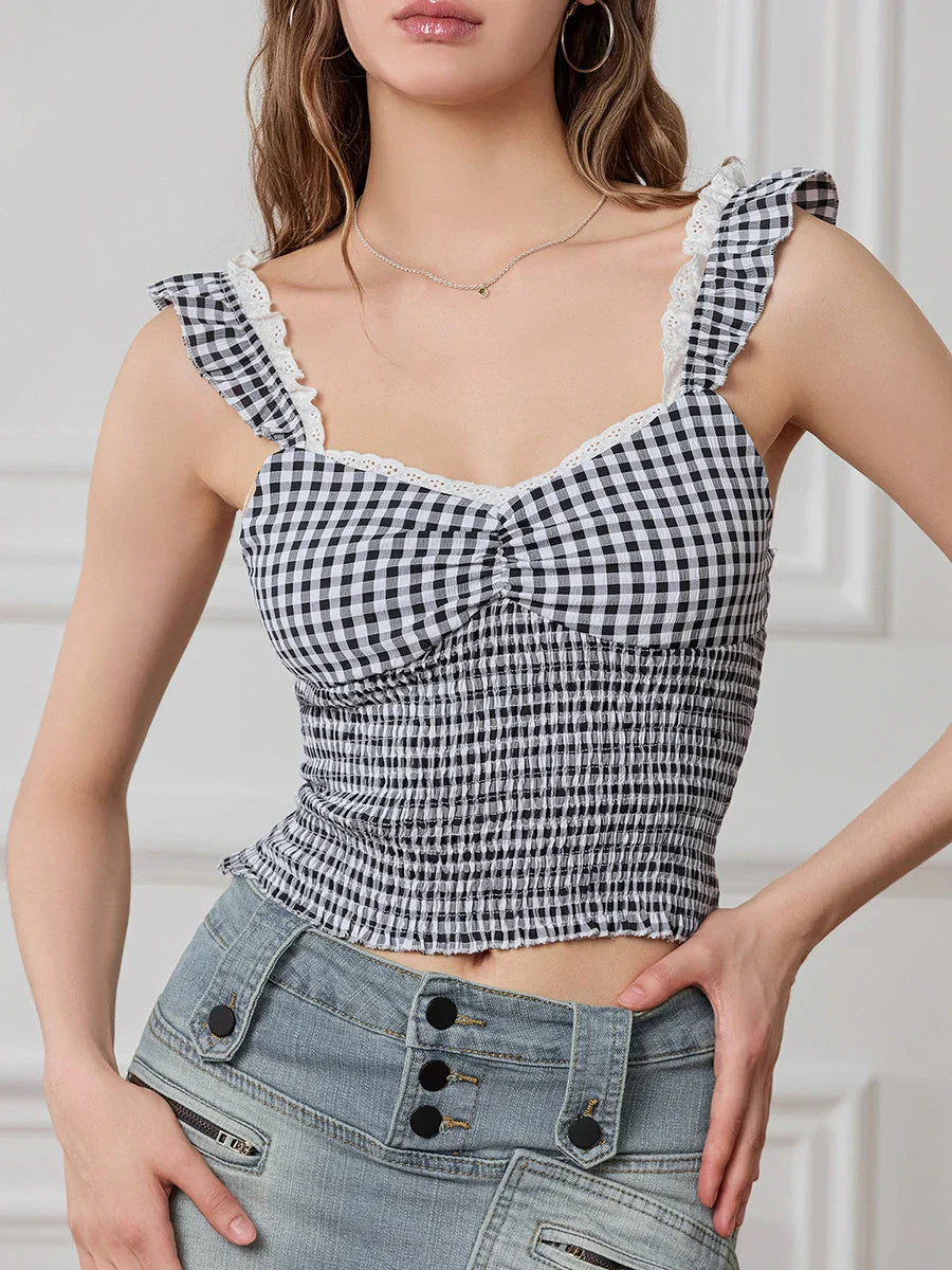 Plaid Ruffle Strap Sweetheart Lace Trim Cropped Tank Top