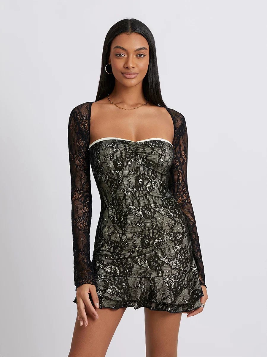 Lace Strapless Long Sleeve Ruffle Hem Mini Dress