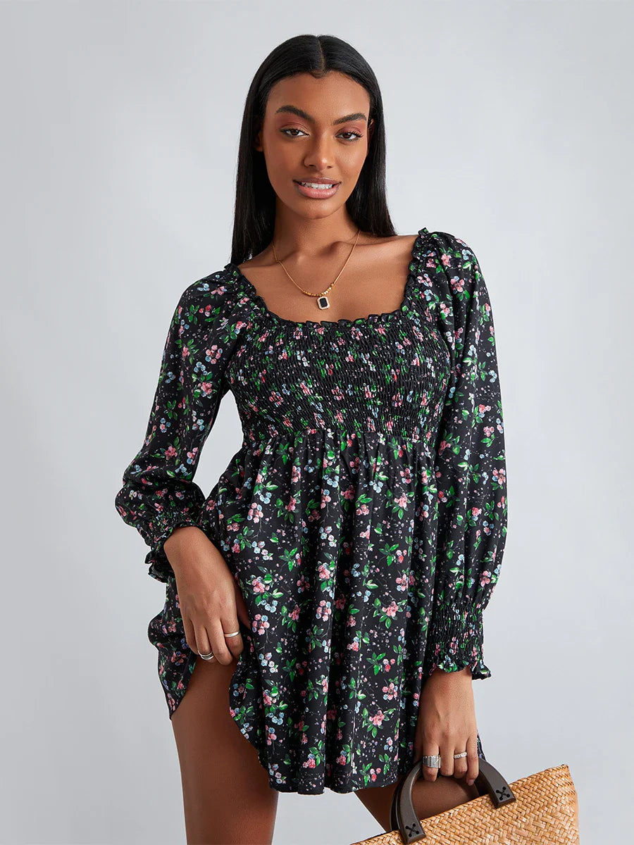 Retro Floral Print Ruffled Trim Square Neck A-Line Short Floral Dress