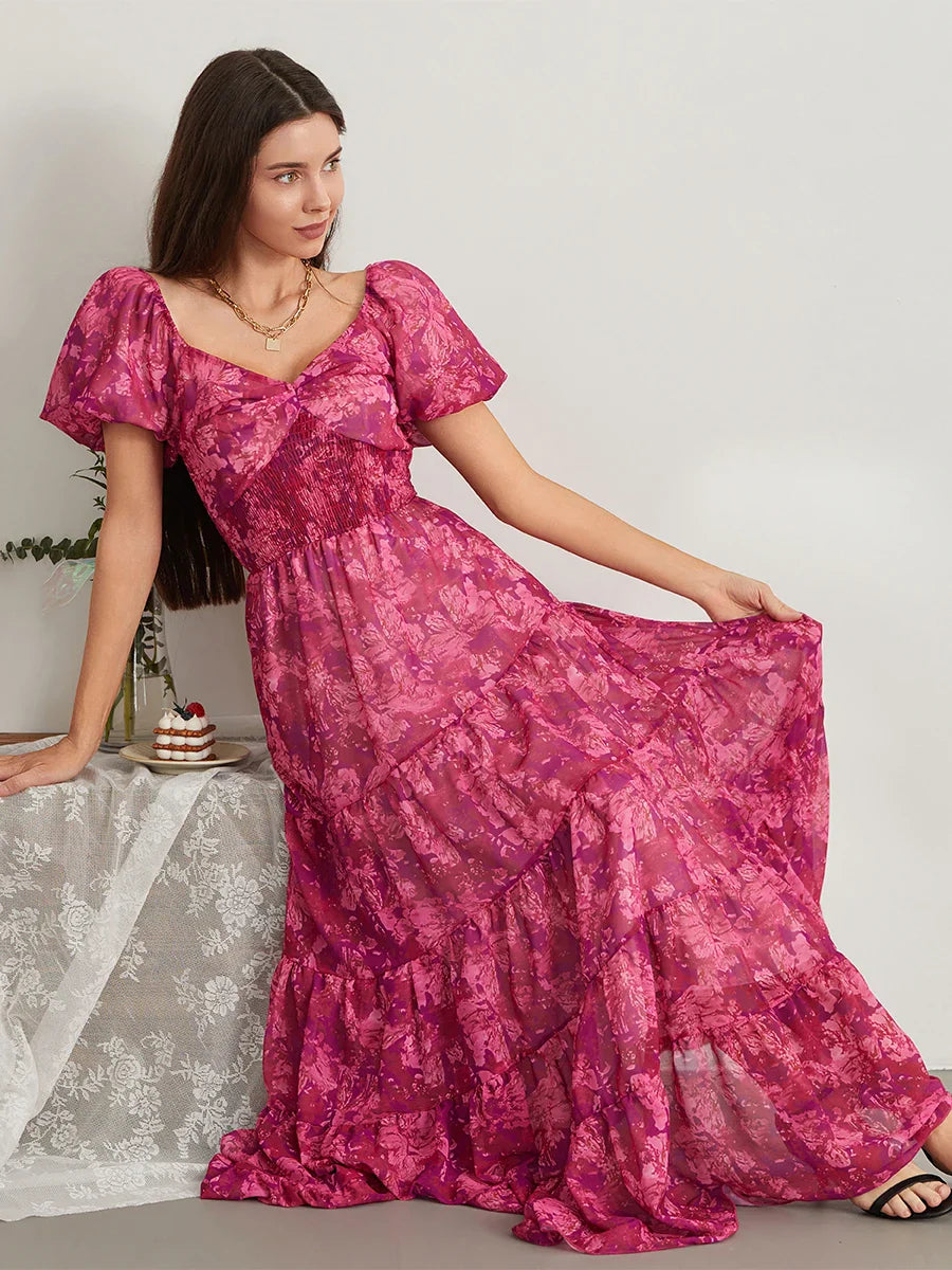 Retro Floral Print Swing Puff Short Sleeve Sweetheart Neck A-Line Beach Dress