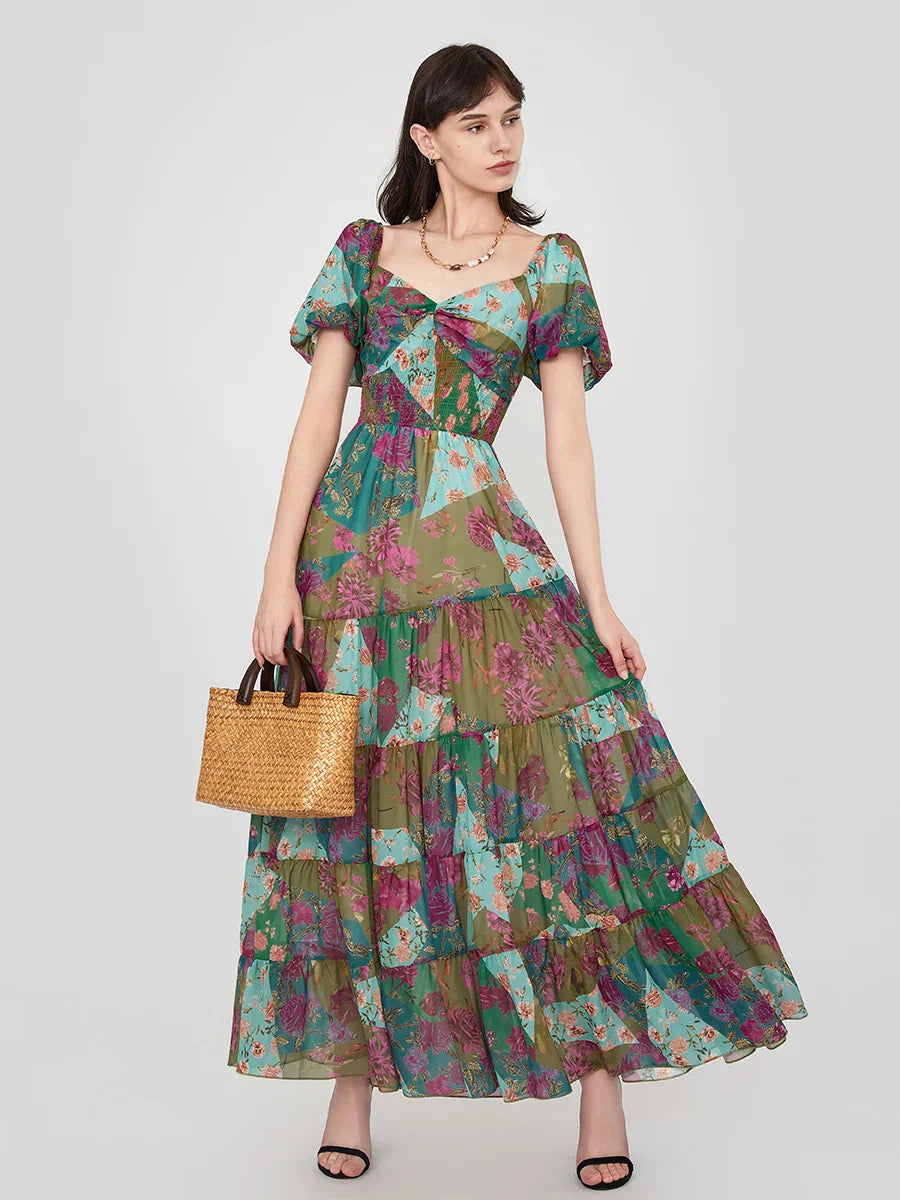 Retro Floral Print Swing Puff Short Sleeve Sweetheart Neck A-Line Beach Dress