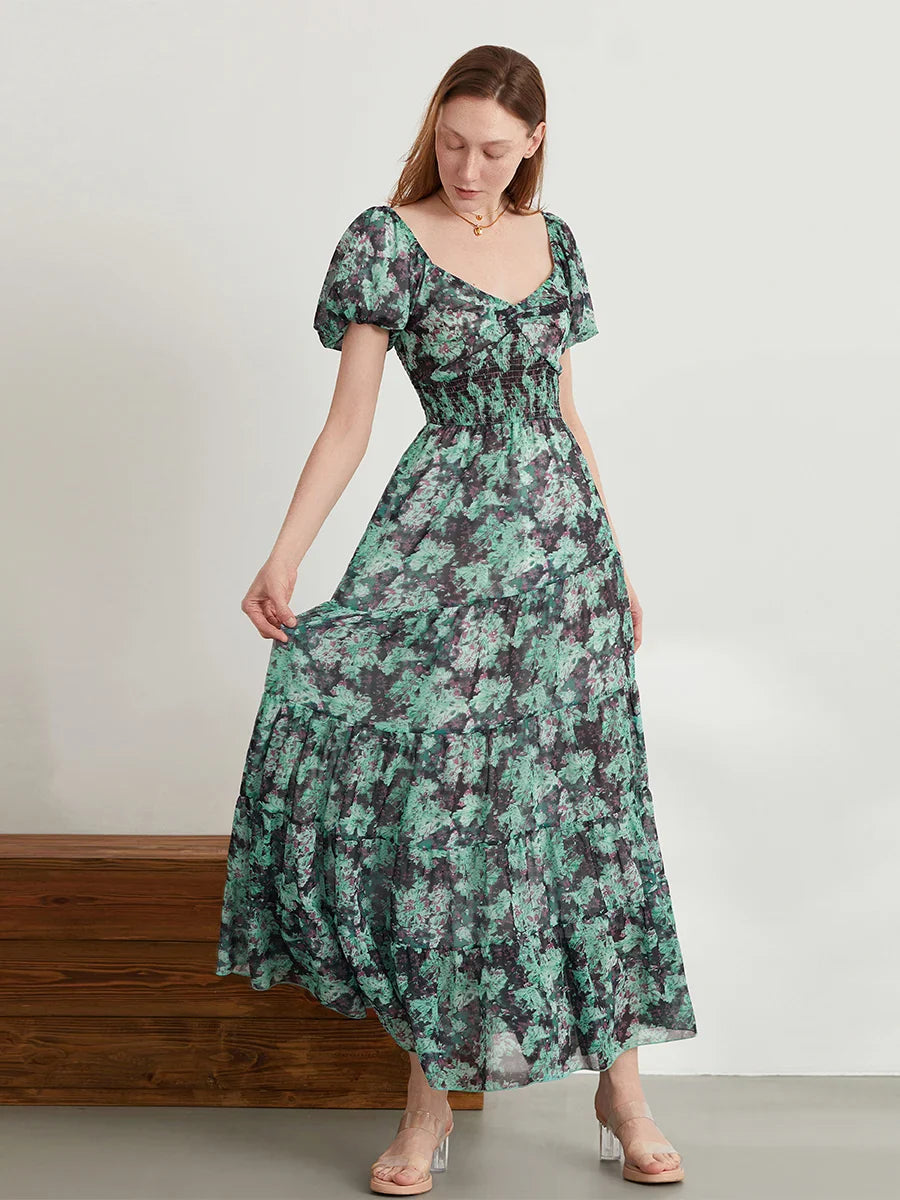 Retro Floral Print Swing Puff Short Sleeve Sweetheart Neck A-Line Beach Dress