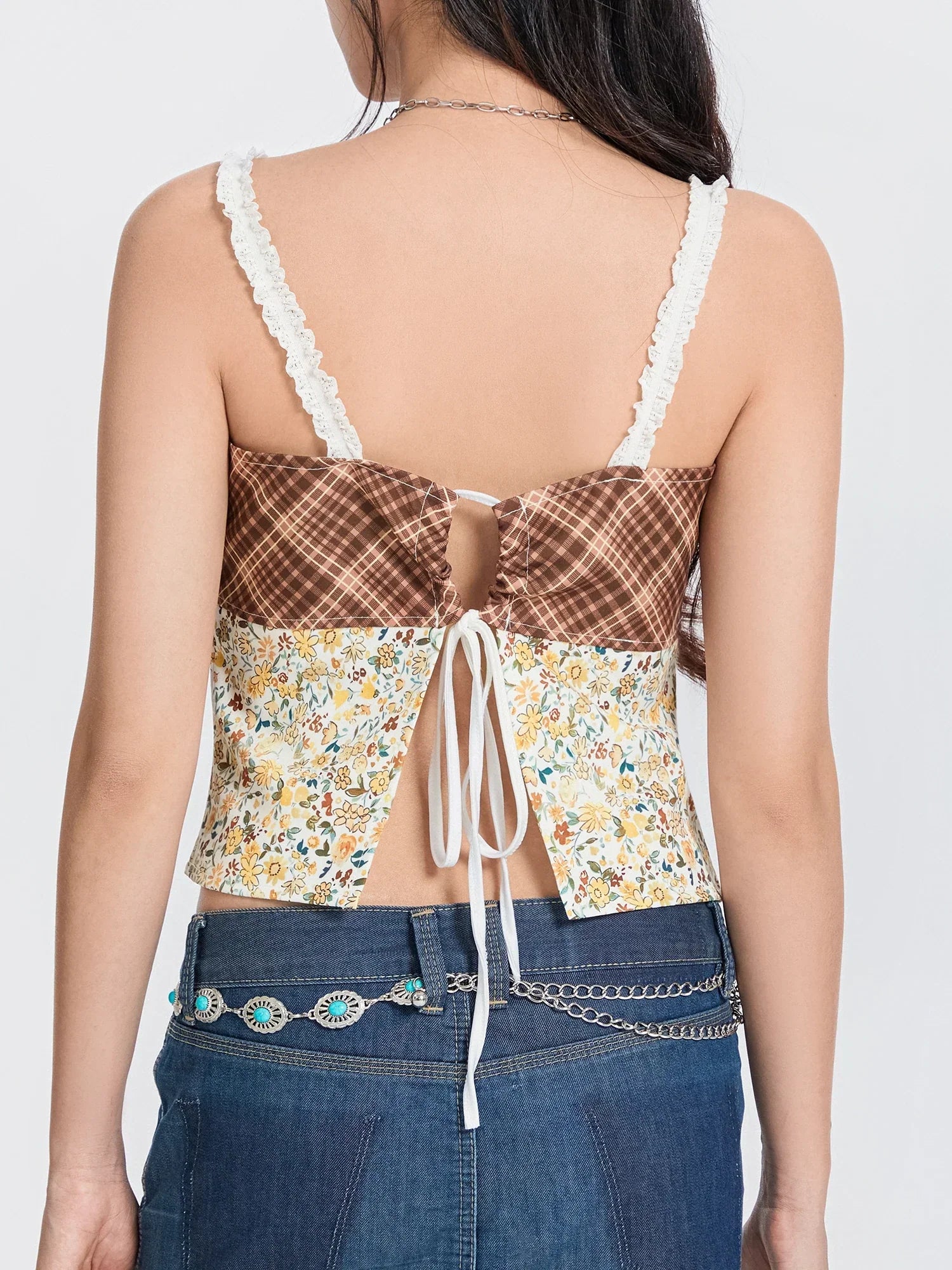 Plaid Floral Patchwork Bow Tie-up Backless Crop Top