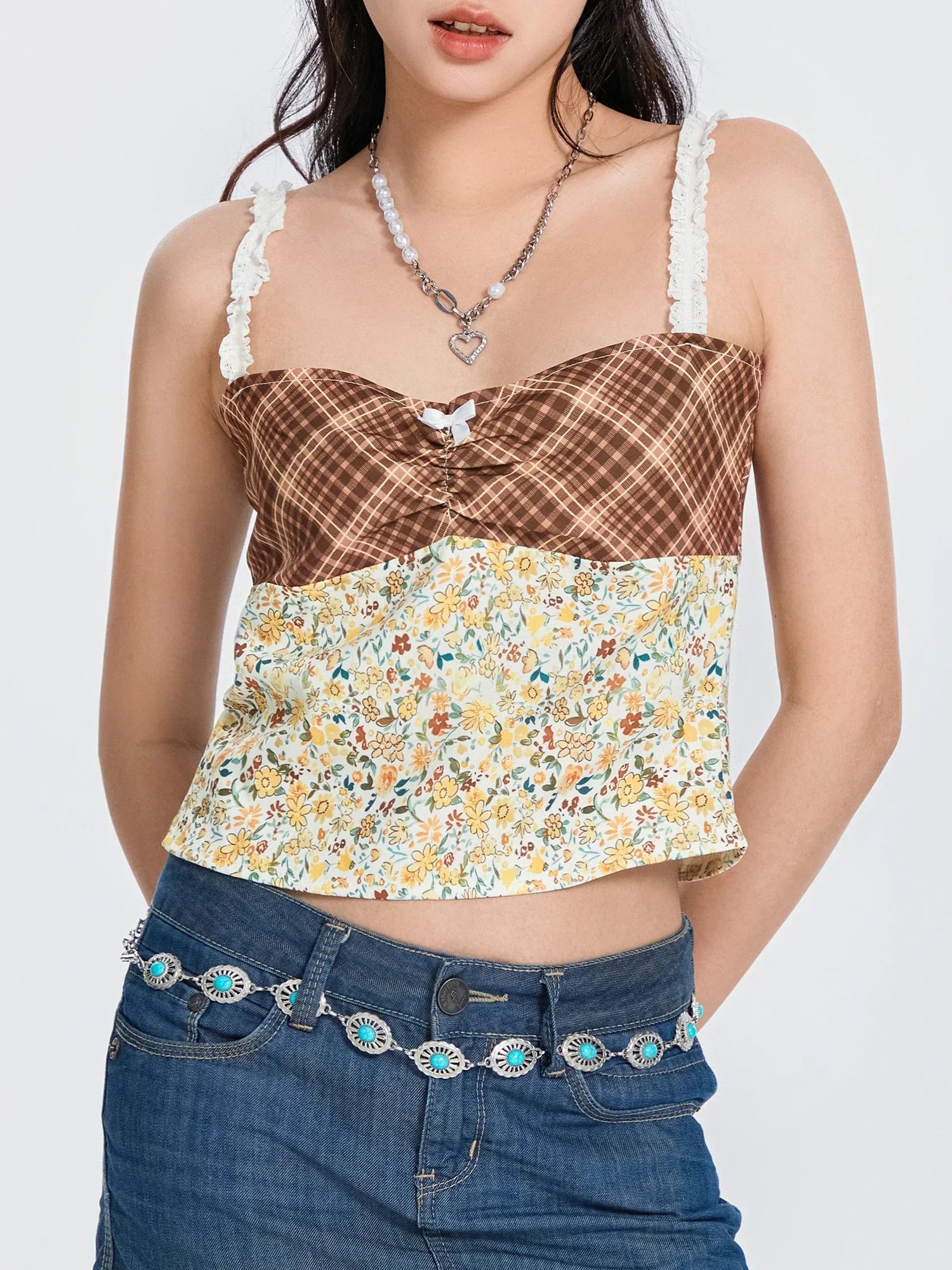 Plaid Floral Patchwork Bow Tie-up Backless Crop Top
