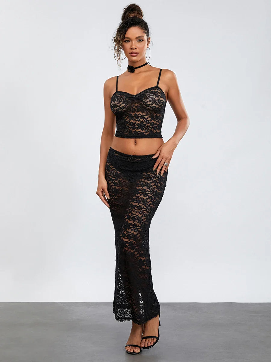 See-Through Black Lace Crochet Camis Crop Top Long Floral Skirt