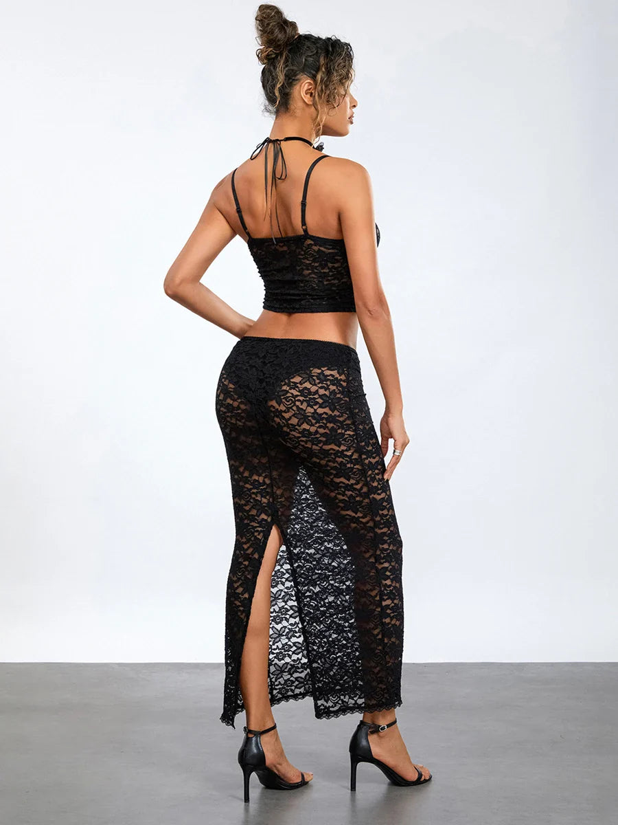 See-Through Black Lace Crochet Camis Crop Top Long Floral Skirt