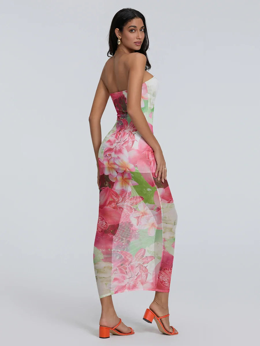 Sexy Strapless Bodycon Off-Shoulder Backless Sheath Floral Night Gown