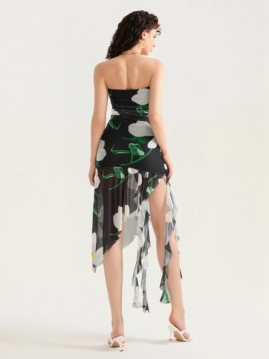 Sexy Strapless Ruffle Tassel Mini Floral Dress