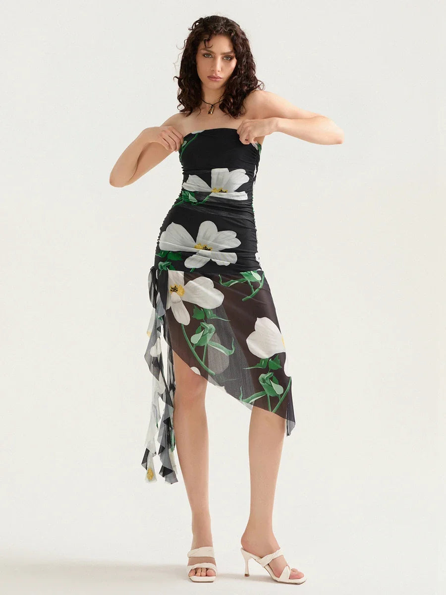 Sexy Strapless Ruffle Tassel Mini Floral Dress