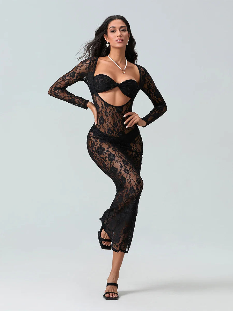 Sexy See-Through Lace Sheer Long Sleeve Beach Floral Dress