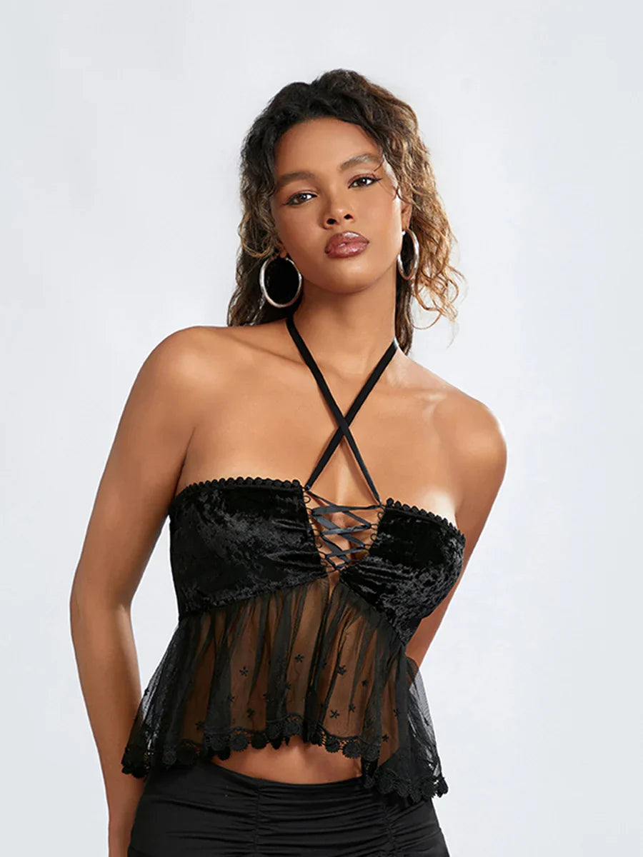 Sheer Mesh Halter Tie-up Strapless Backless Bandeau - Fashionpara