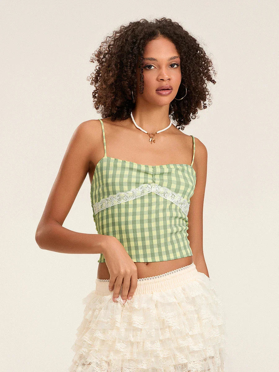 Plaid Lace Patchwork Spaghetti Strap Low-cut Crop Top