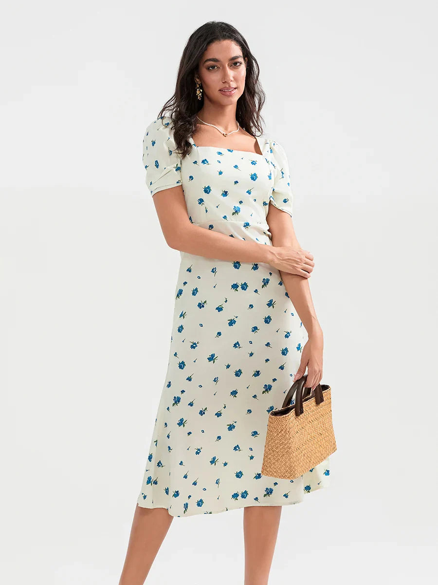 Summer Floral Midi Puff Sleeve A-Line Floral Dress