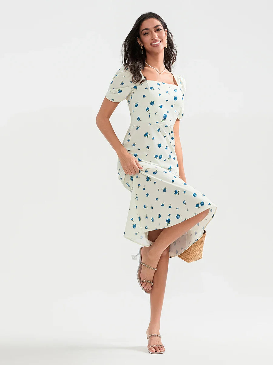 Summer Floral Midi Puff Sleeve A-Line Floral Dress