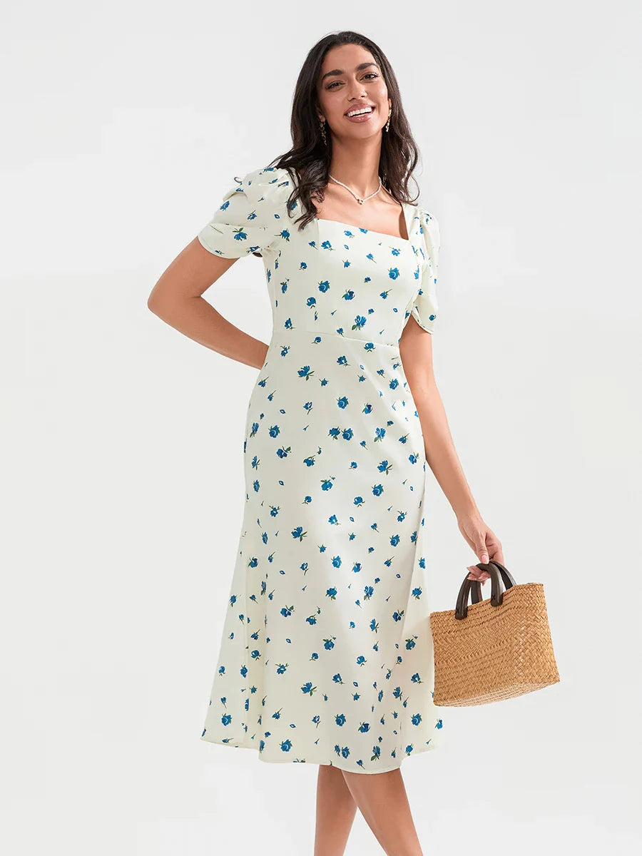 Summer Floral Midi Puff Sleeve A-Line Floral Dress
