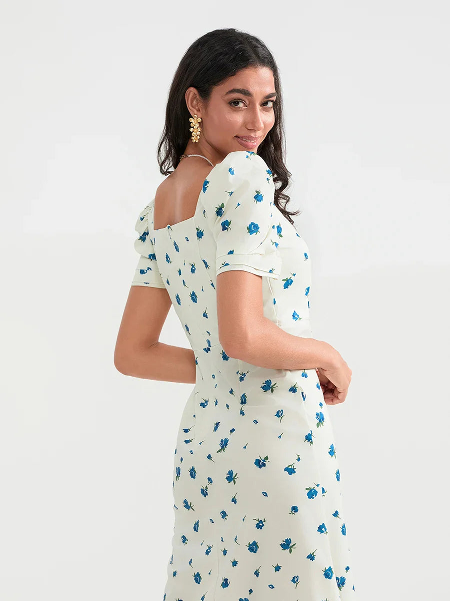 Summer Floral Midi Puff Sleeve A-Line Floral Dress