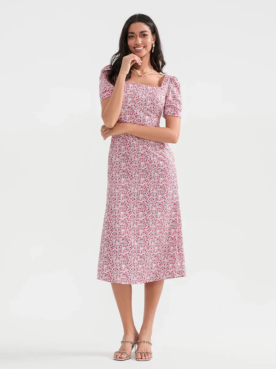 Summer Floral Midi Puff Sleeve A-Line Floral Dress