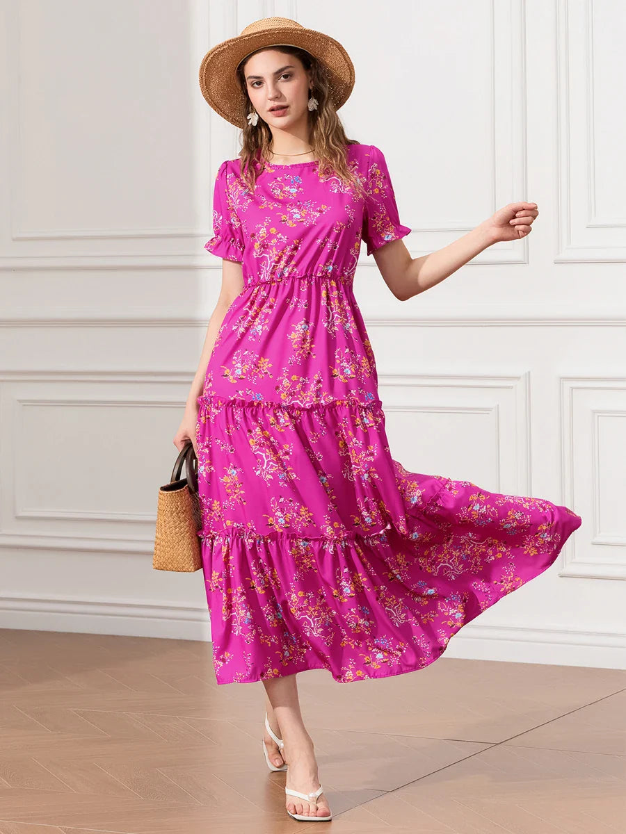 Floral Ruched Tiered Puff Sleeve Pleated Flowy Long Floral Dress