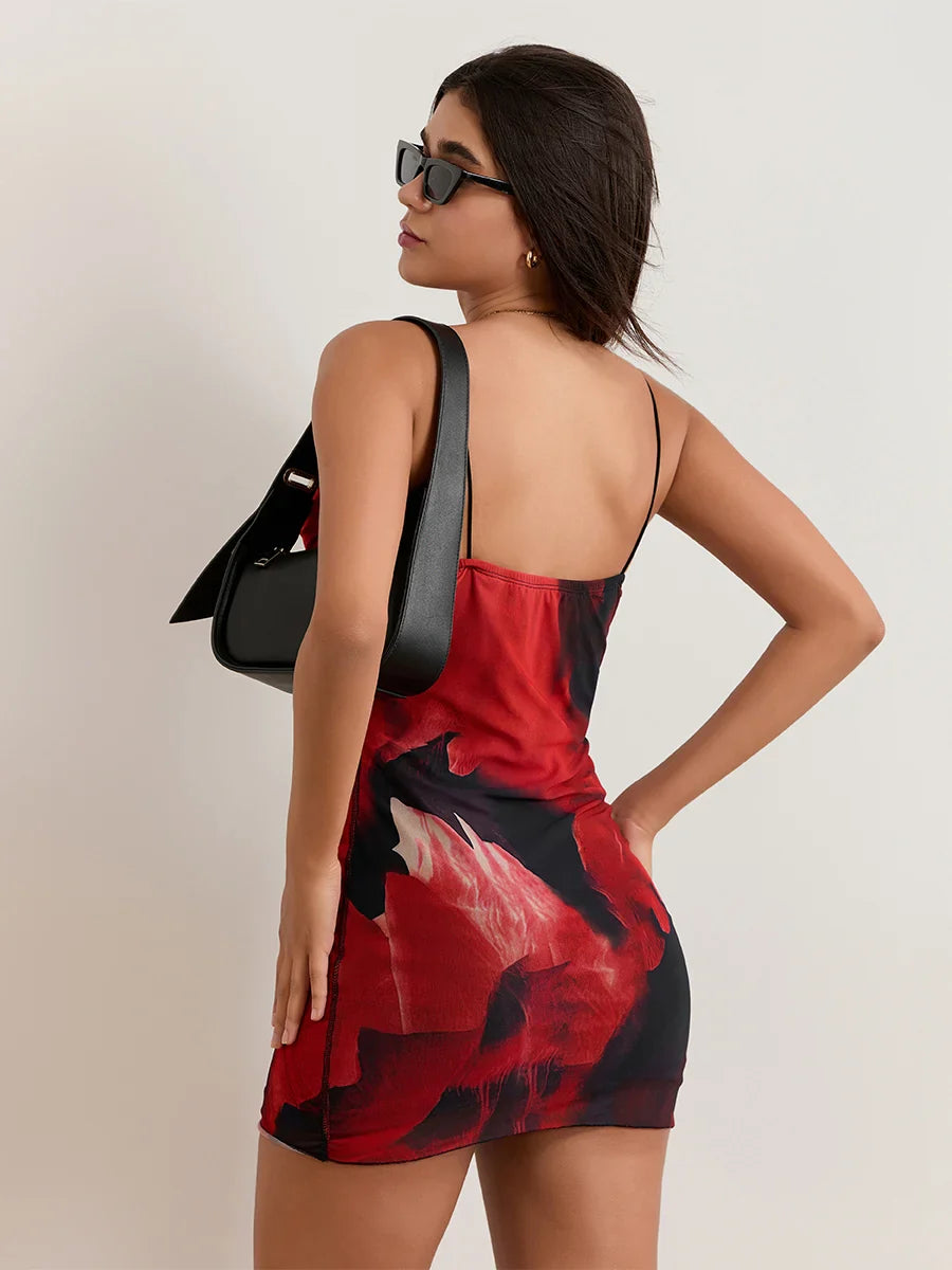 Hot Floral Print Sheath Backless Spaghetti Mini Nightclub Floral Dress