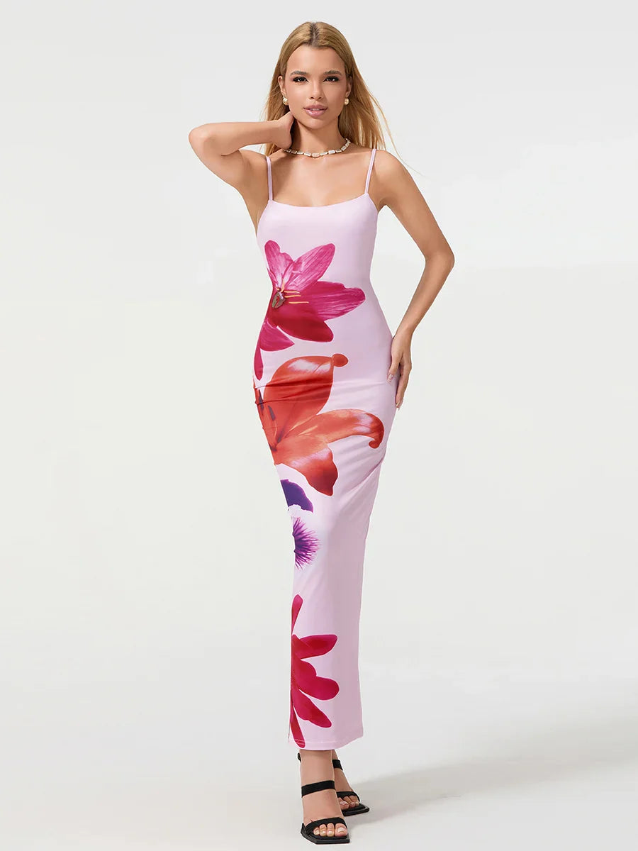 Sexy Spaghetti Straps Bodycon O-neck Wrap Cami Floral Dress