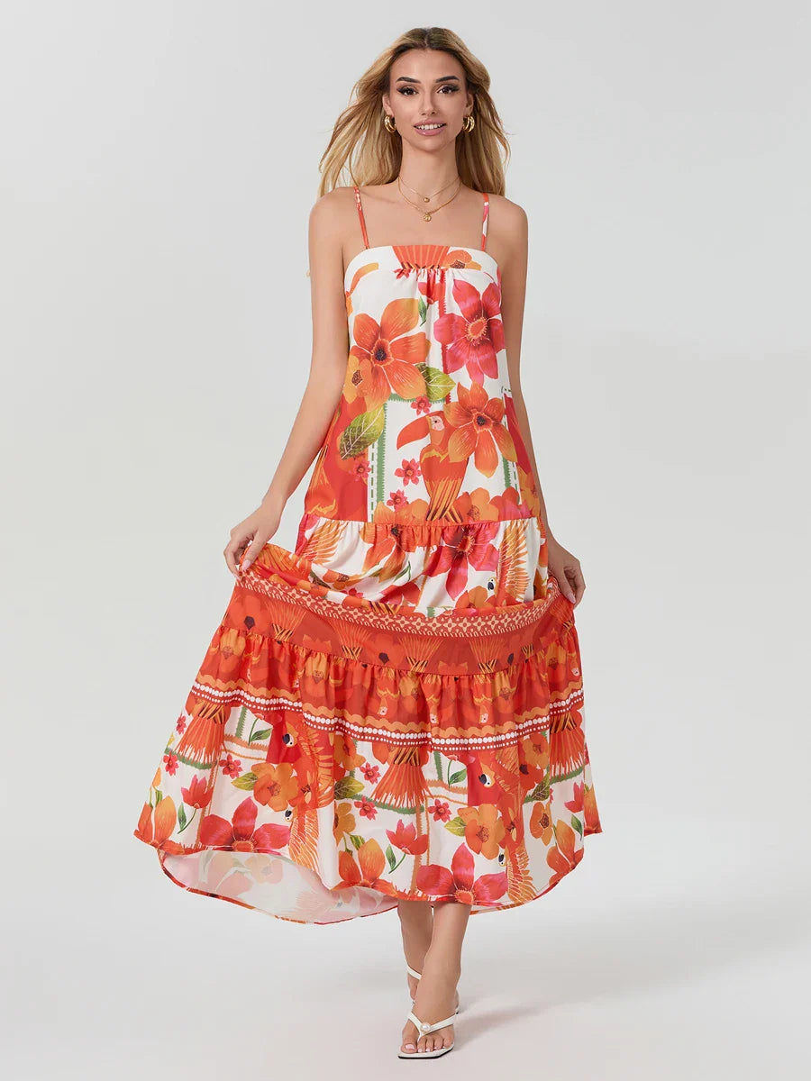 Boho Flowy Leaves Floral Ruched A-Line Floral Dress