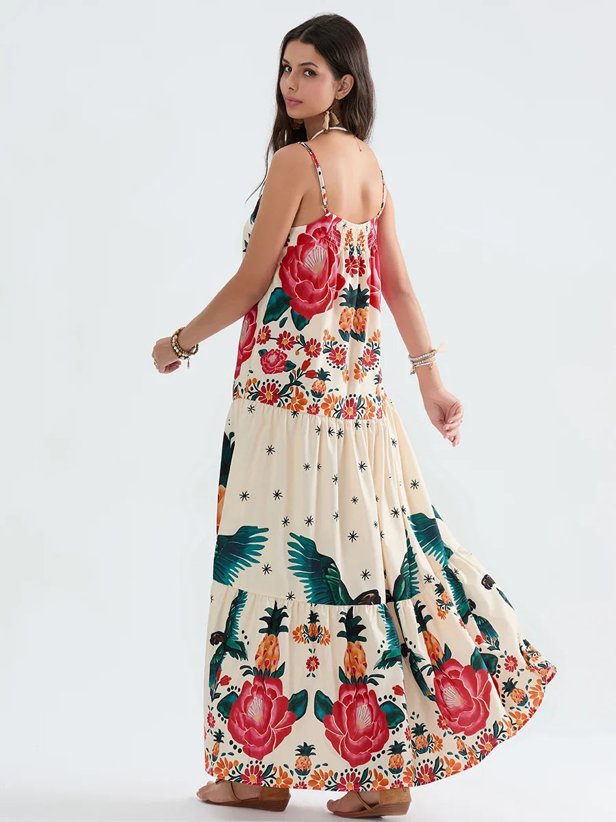 Boho Flowy Leaves Floral Ruched A-Line Floral Dress