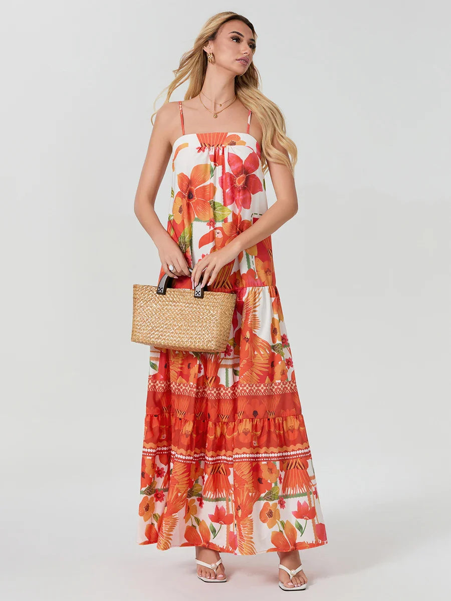 Boho Flowy Leaves Floral Ruched A-Line Floral Dress