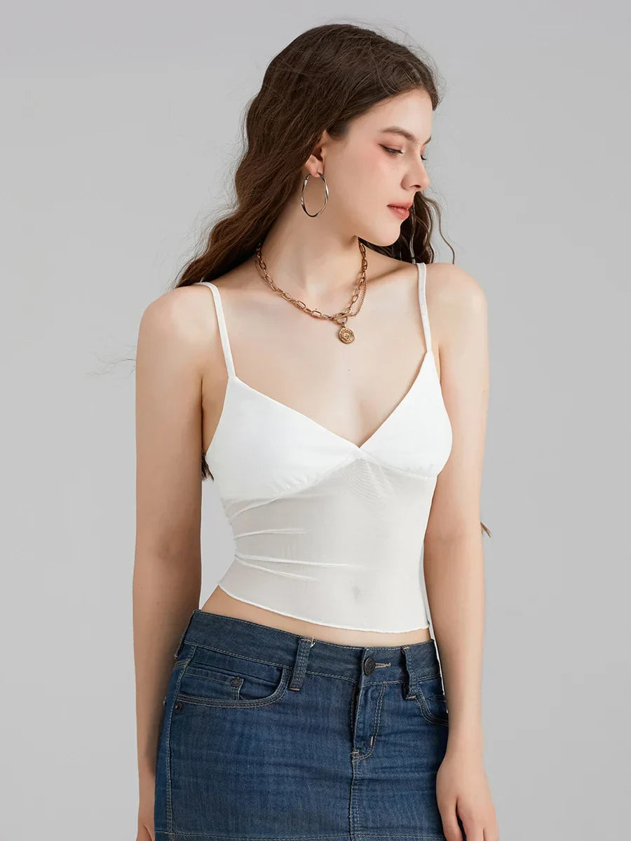 Sheer Mesh Backless Spaghetti Strap V-neck Crop Top