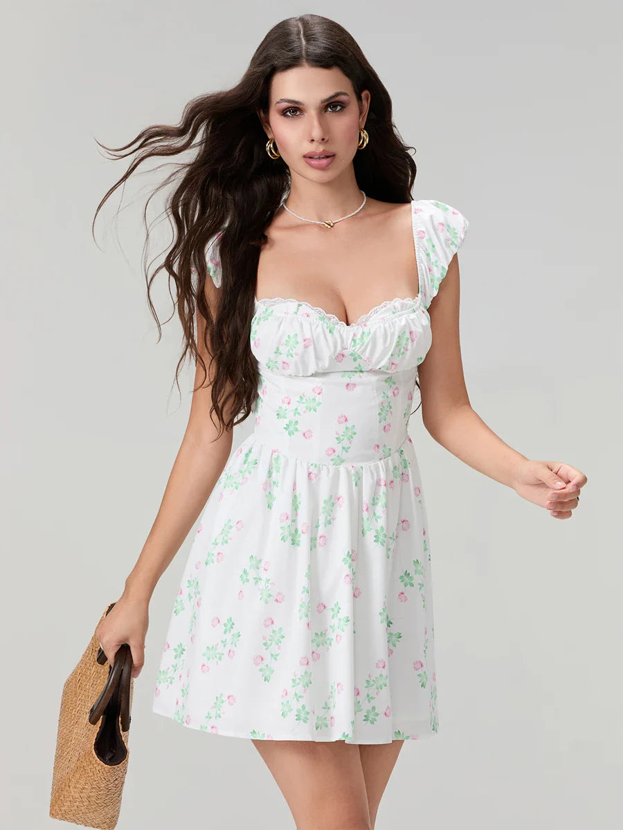 Sweet Elegant Floral Corset Mini Lace Trim Low-Cut Backless A-Line Dress