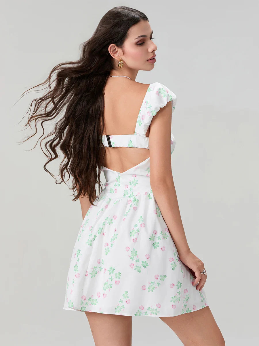 Sweet Elegant Floral Corset Mini Lace Trim Low-Cut Backless A-Line Dress
