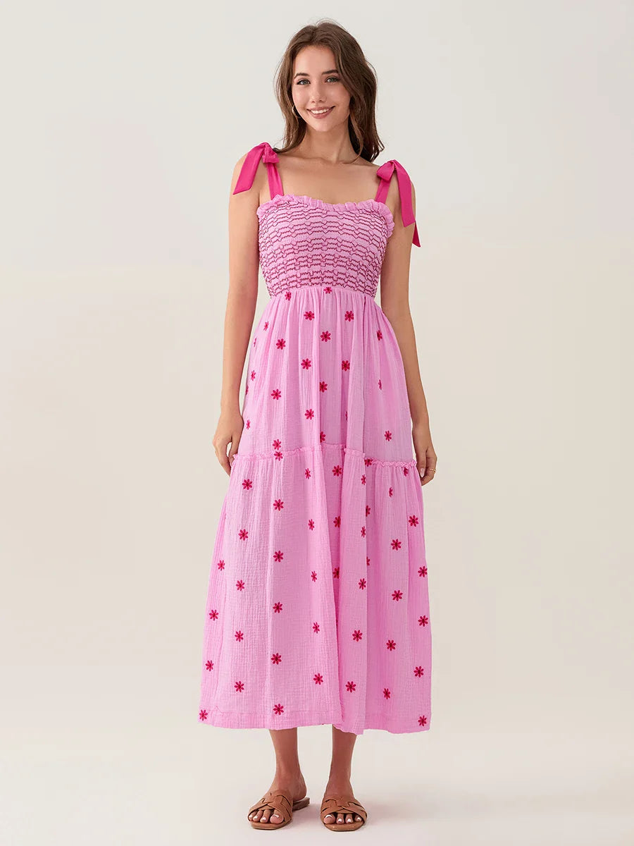 Tie-Shoulder Flowers Tank Tiered Ruffle Sweetheart Floral Dress