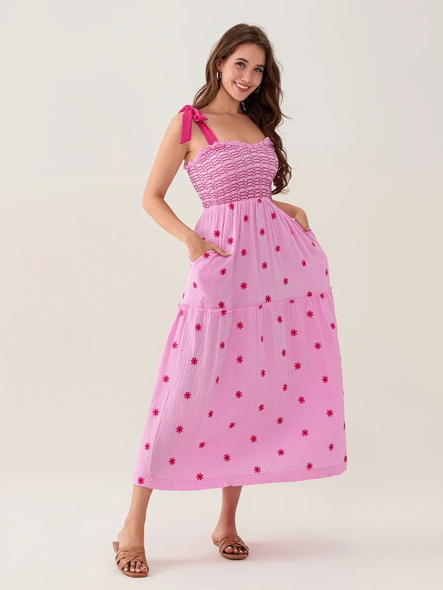 Tie-Shoulder Flowers Tank Tiered Ruffle Sweetheart Floral Dress