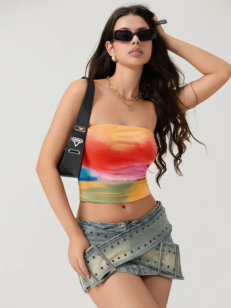 Tie-dyed Wrap Strapless Sleeveless Off-shoulder Tube Top - Fashionpara