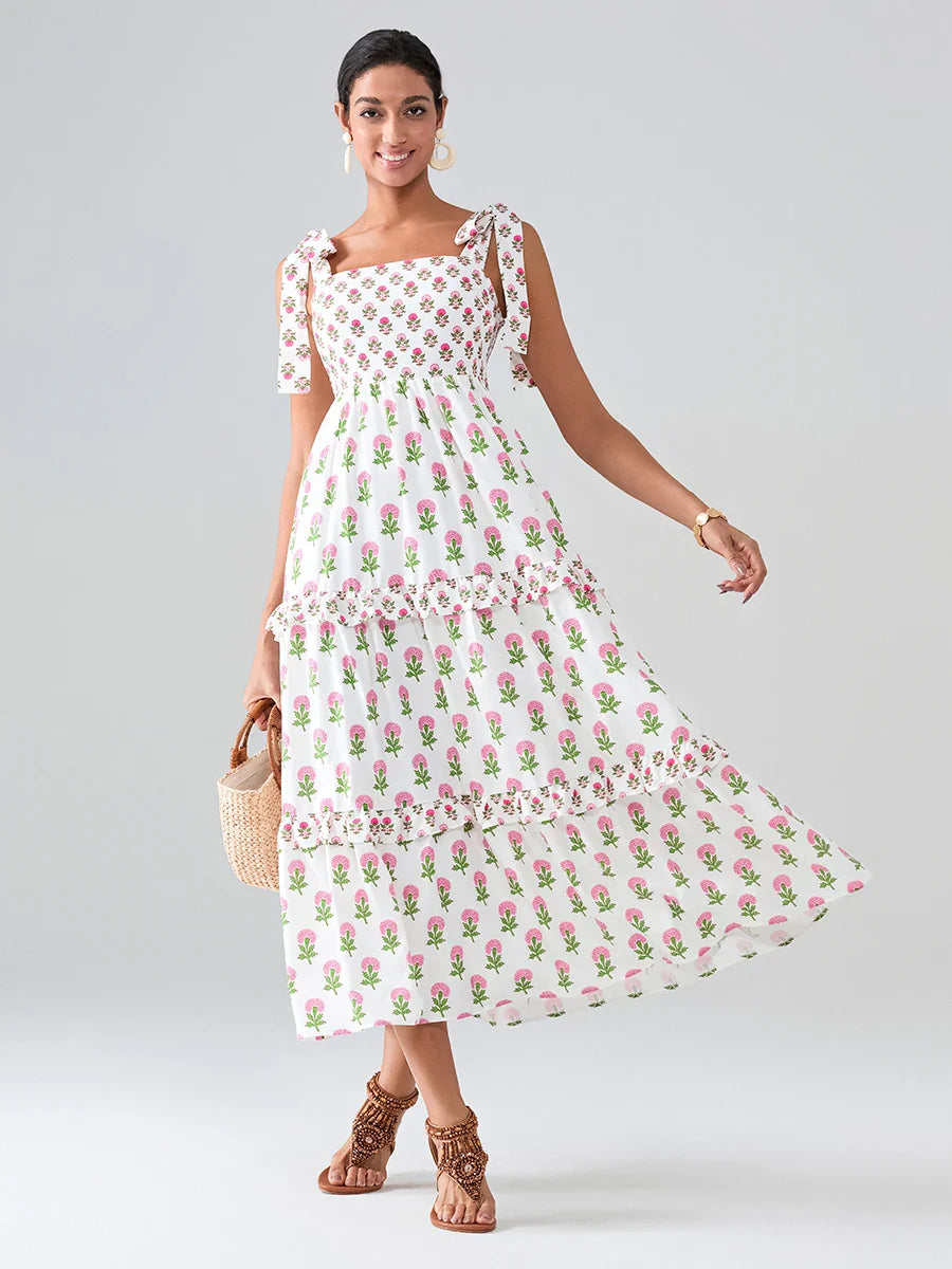 Wide Straps Flowy Floral Bohemian Beach Frill Trim Square Neck A-Line Dress