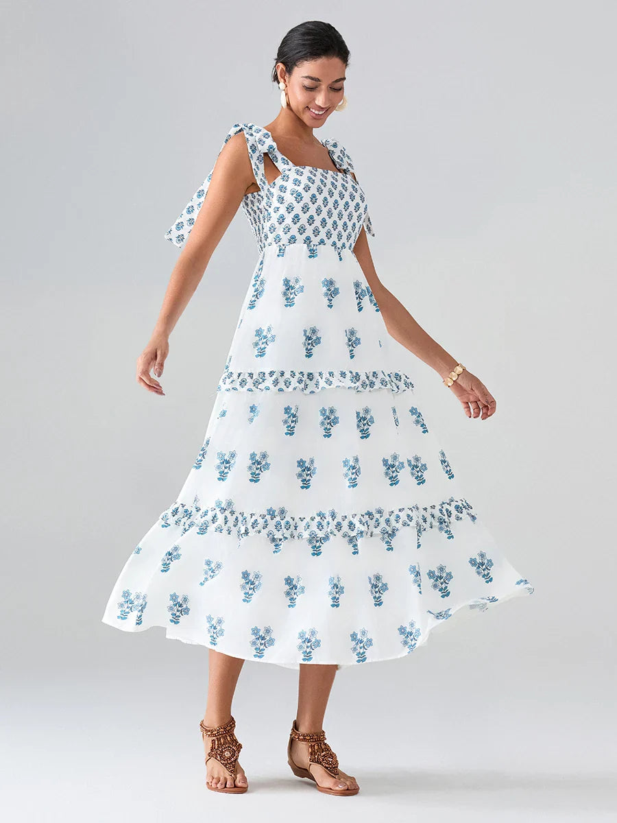 Wide Straps Flowy Floral Bohemian Beach Frill Trim Square Neck A-Line Dress