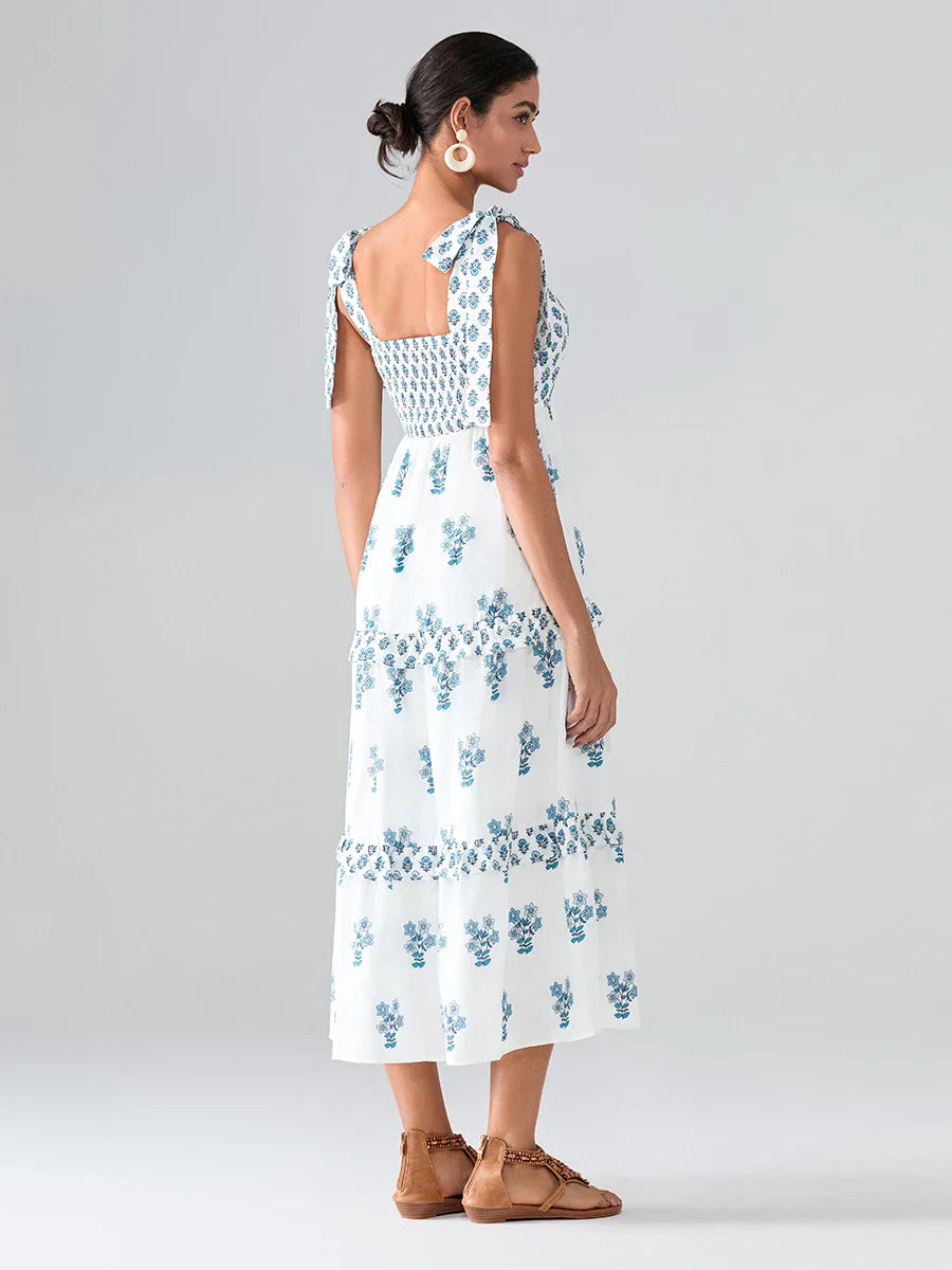 Wide Straps Flowy Floral Bohemian Beach Frill Trim Square Neck A-Line Dress