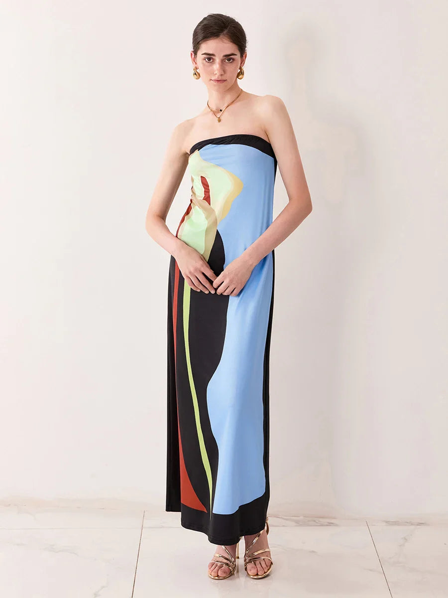 Vintage Abstract Floral Strapless Backless Loose Tube Top Floral Dress