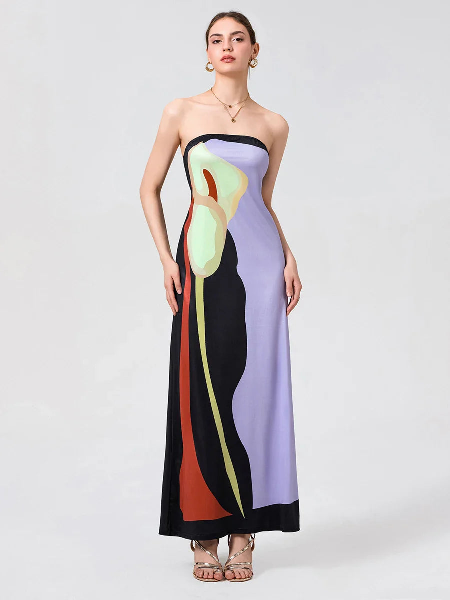 Vintage Abstract Floral Strapless Backless Loose Tube Top Floral Dress