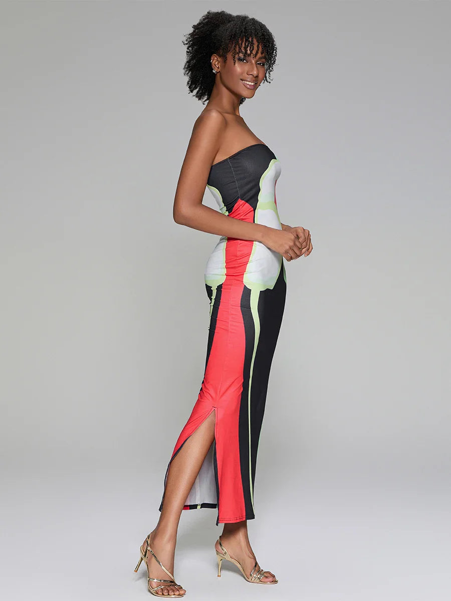 Abstract Print Strapless Side Split Floral Dress