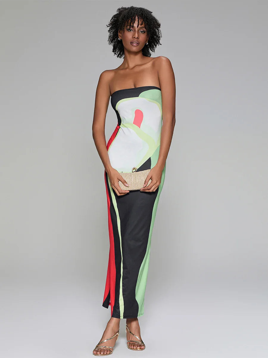 Abstract Print Strapless Side Split Floral Dress