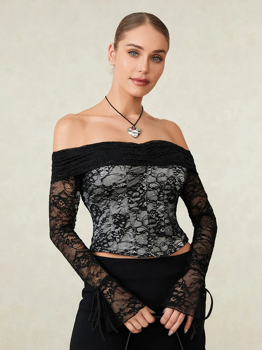 Black Lace Floral Sheer Off-shoulder Slim Corset Top